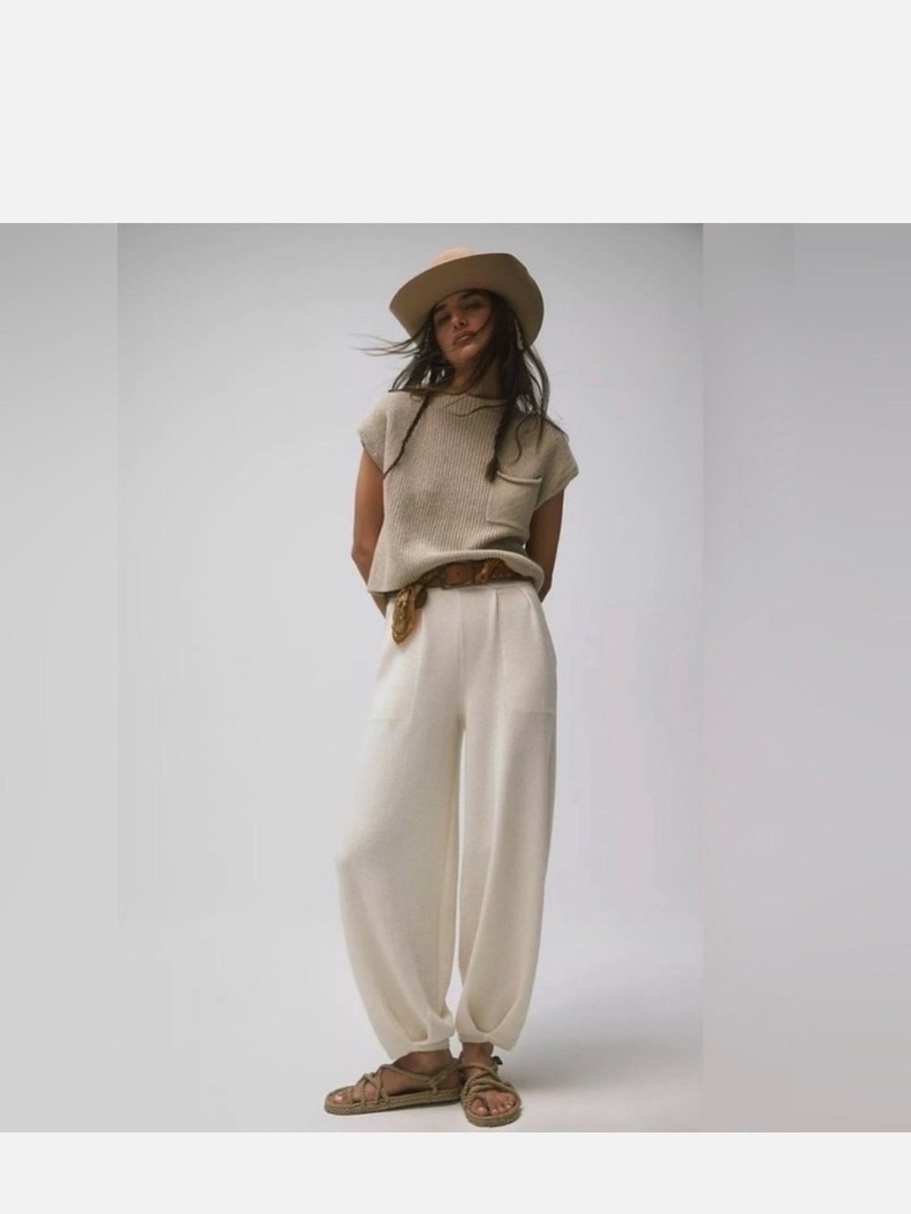 FP Beach Wide-Leg Cream Knit Barrel Linen Blend  Pants and top Set